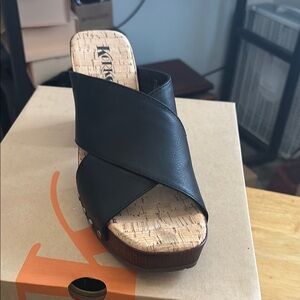 Kork-Ease Black Mules with Crisscross Straps and Cork Wedge